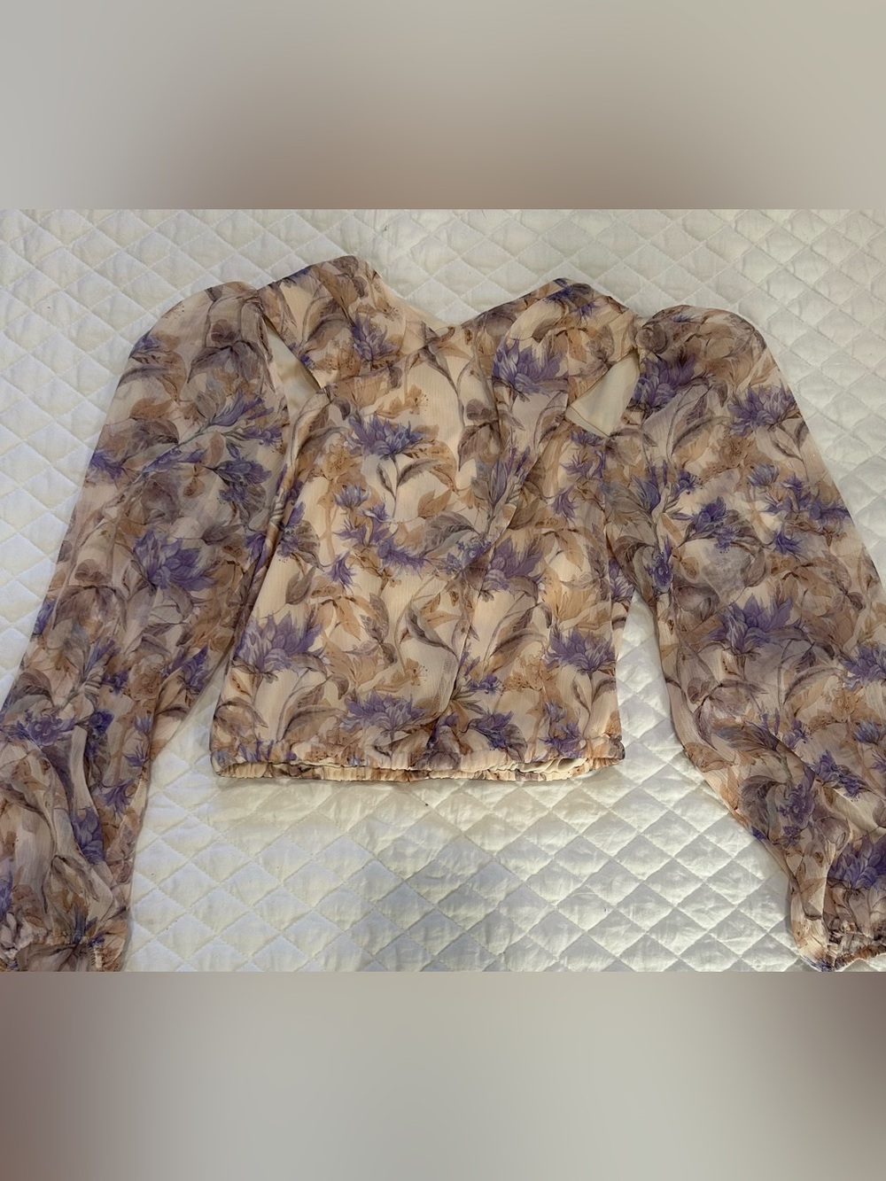 Astr Sheer Floral Puff-Sleeve Blouse in Cream and Lavender